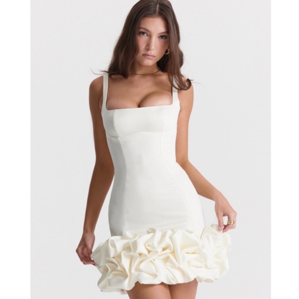 HOUSE OF CB Lilou Ruffle Square Neck White Dress